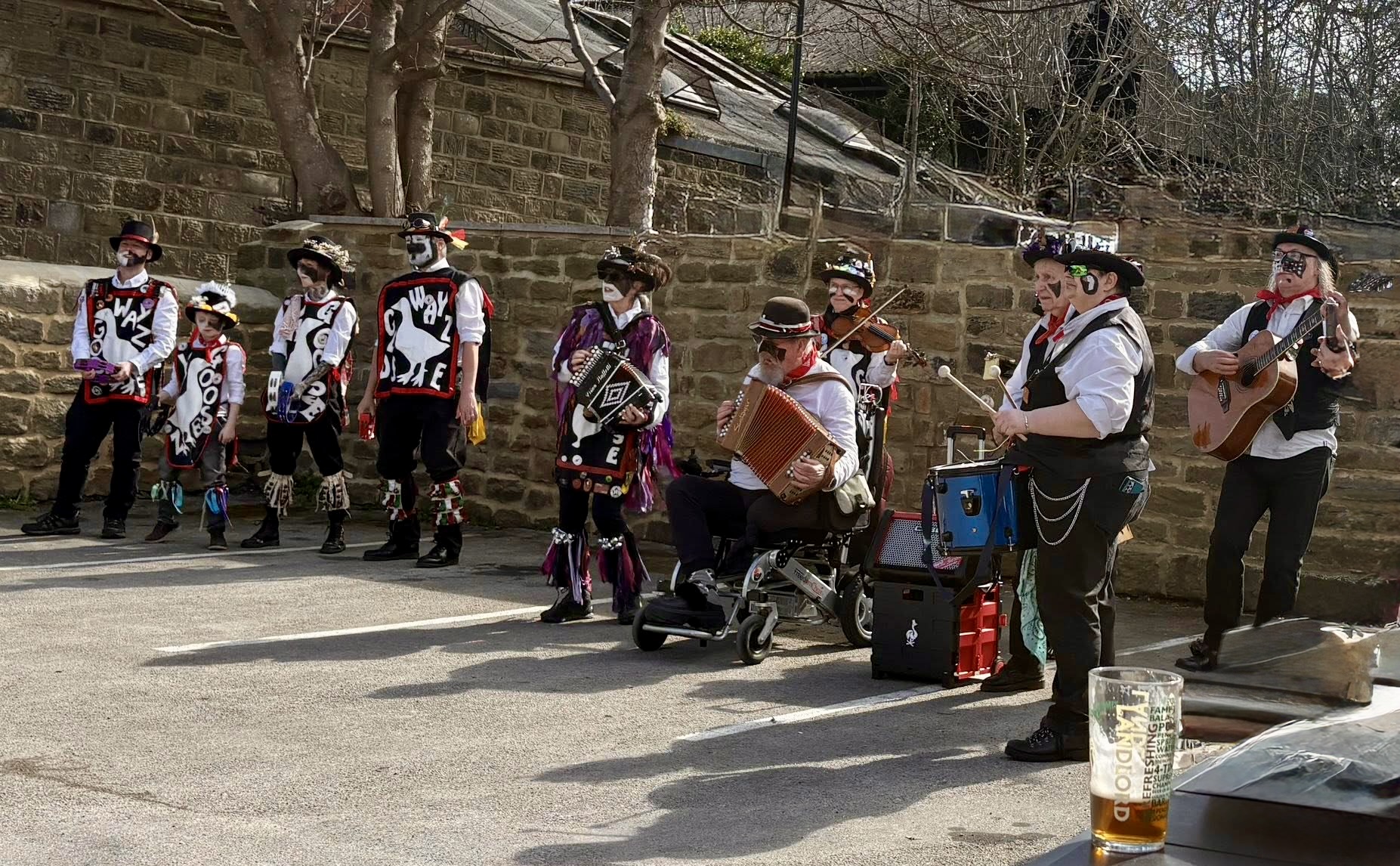 Wharfedale Wayzgoose musicians and Tambourine line playing in Otley, Easter Monday 2025